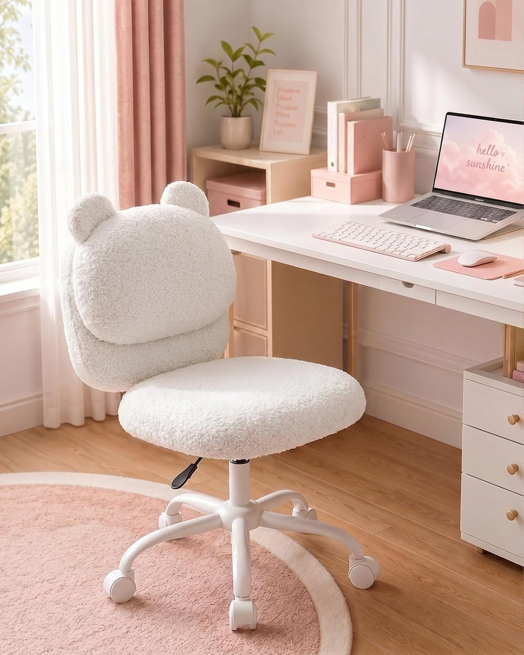 HUANUO Vanity Chair, Cute Desk Chair, Home Office Chair with Wheels, White | Teddy Fleece Fabric, Bear Backrest, Thick Cushion, Armless Chair with Wheels, Adjustable Height, 10-Minute Assembly - Pink