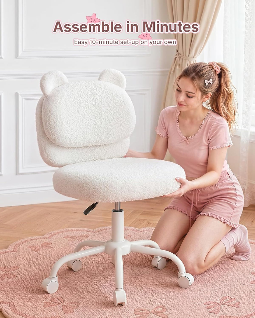 HUANUO Vanity Chair, Cute Desk Chair, Home Office Chair with Wheels, White | Teddy Fleece Fabric, Bear Backrest, Thick Cushion, Armless Chair with Wheels, Adjustable Height, 10-Minute Assembly - Pink