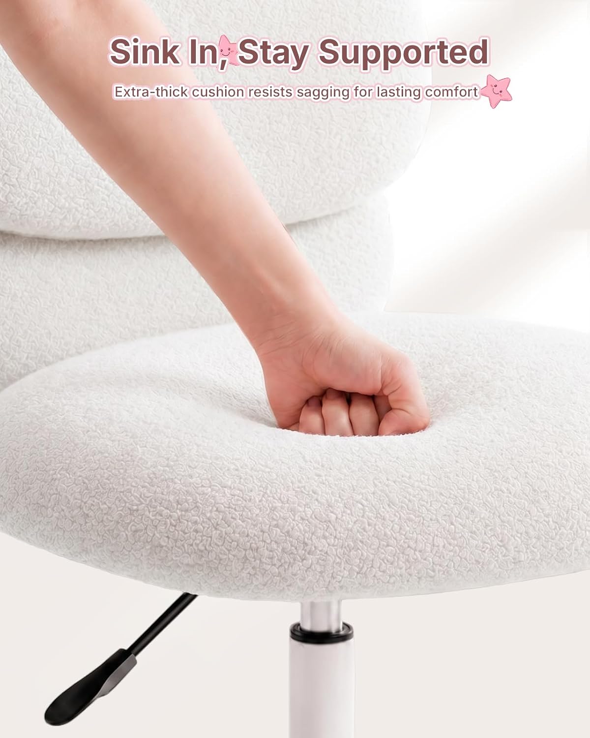 HUANUO Vanity Chair, Cute Desk Chair, Home Office Chair with Wheels, White | Teddy Fleece Fabric, Bear Backrest, Thick Cushion, Armless Chair with Wheels, Adjustable Height, 10-Minute Assembly - Pink