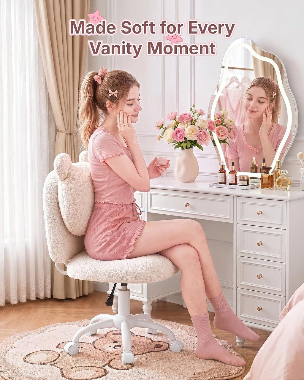 HUANUO Vanity Chair, Cute Desk Chair, Home Office Chair with Wheels, White | Teddy Fleece Fabric, Bear Backrest, Thick Cushion, Armless Chair with Wheels, Adjustable Height, 10-Minute Assembly - Pink