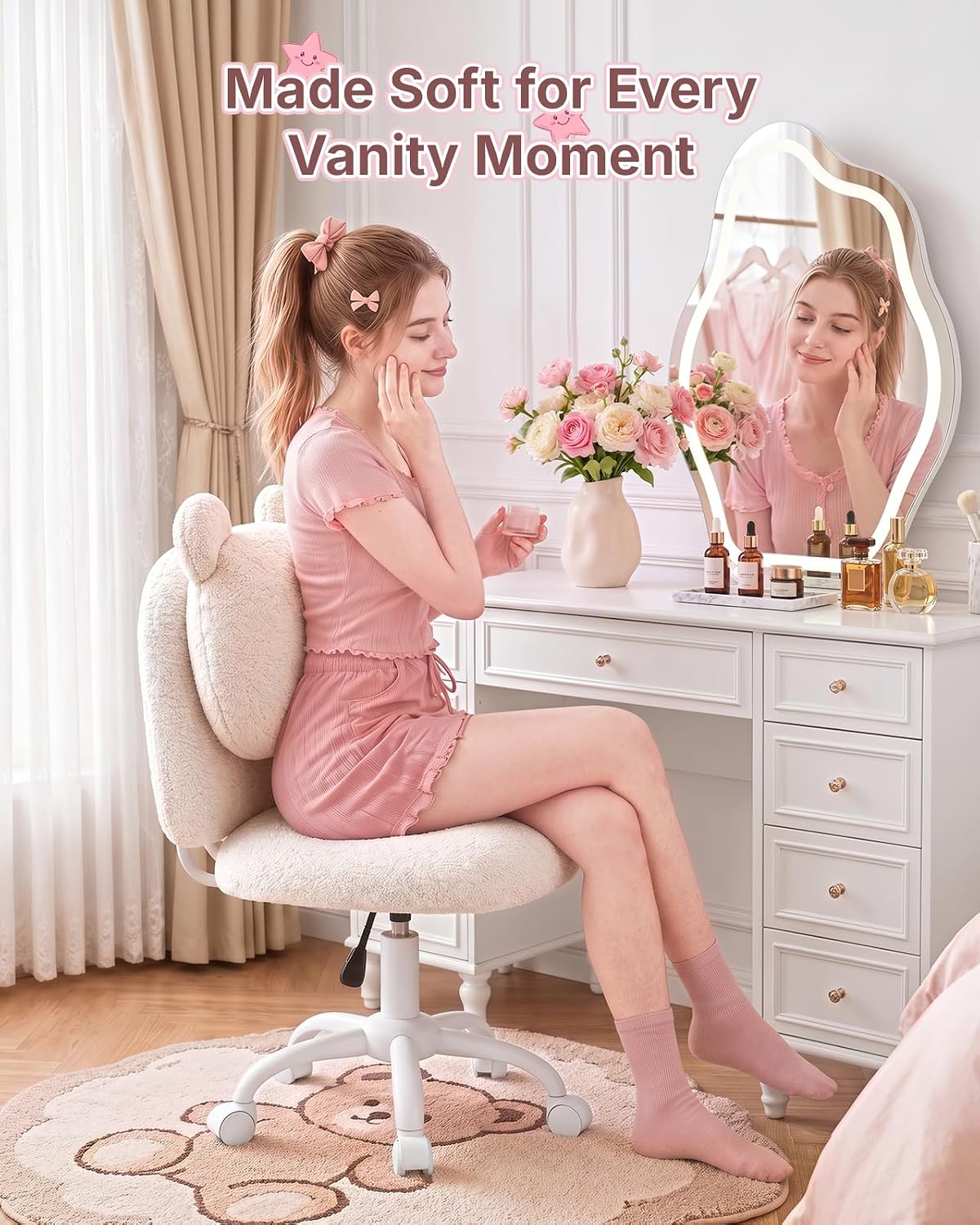 HUANUO Vanity Chair, Cute Desk Chair, Home Office Chair with Wheels, White | Teddy Fleece Fabric, Bear Backrest, Thick Cushion, Armless Chair with Wheels, Adjustable Height, 10-Minute Assembly - Pink