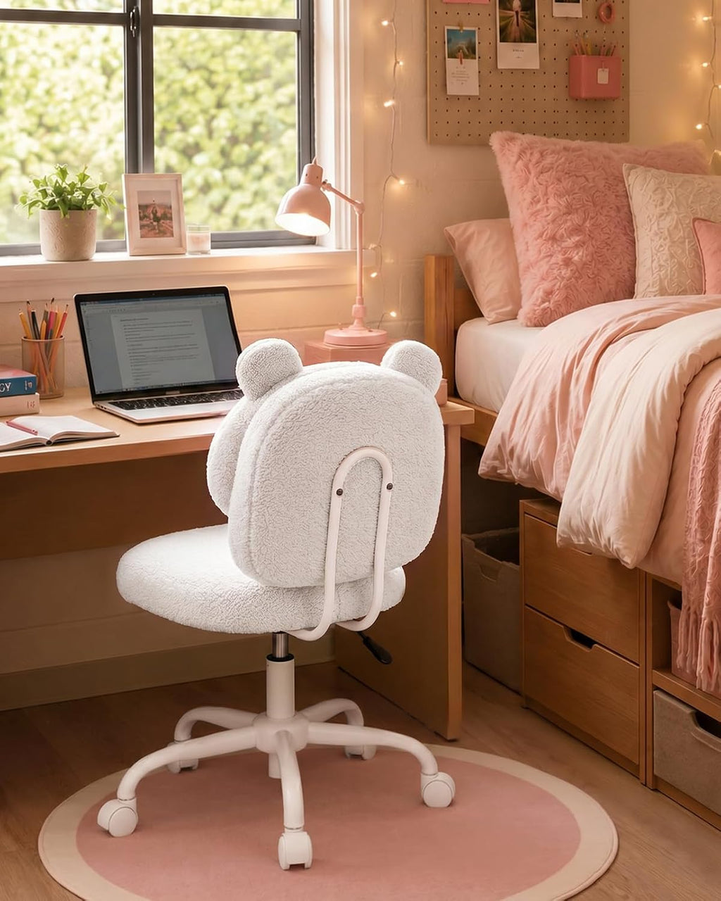 HUANUO Vanity Chair, Cute Desk Chair, Home Office Chair with Wheels, White | Teddy Fleece Fabric, Bear Backrest, Thick Cushion, Armless Chair with Wheels, Adjustable Height, 10-Minute Assembly - Pink