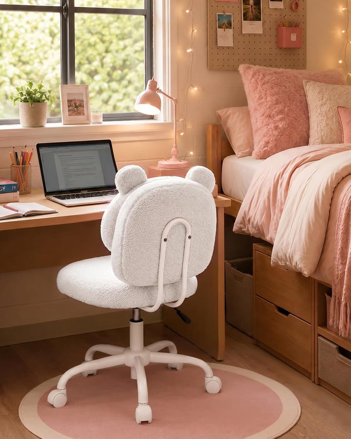 HUANUO Vanity Chair, Cute Desk Chair, Home Office Chair with Wheels, White | Teddy Fleece Fabric, Bear Backrest, Thick Cushion, Armless Chair with Wheels, Adjustable Height, 10-Minute Assembly - Pink