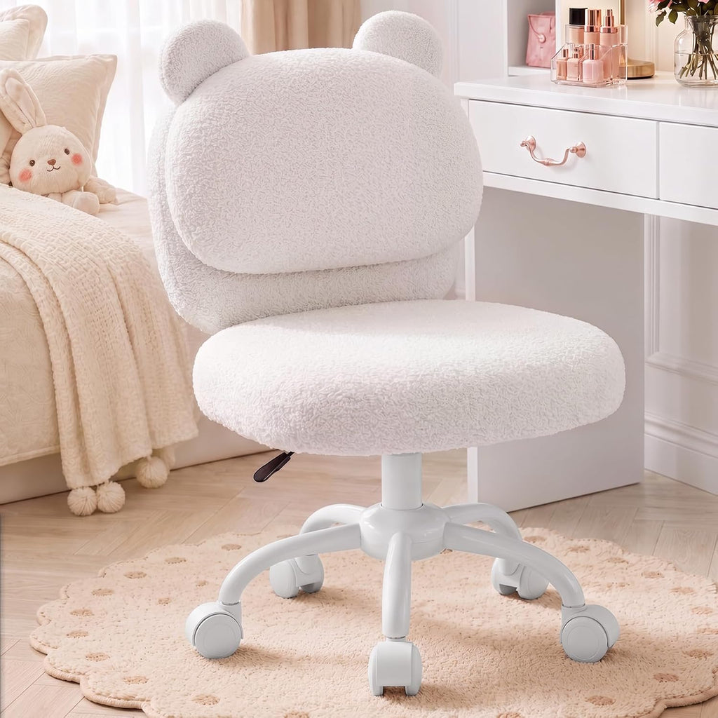 HUANUO Vanity Chair, Cute Desk Chair, Home Office Chair with Wheels, White | Teddy Fleece Fabric, Bear Backrest, Thick Cushion, Armless Chair with Wheels, Adjustable Height, 10-Minute Assembly - Pink