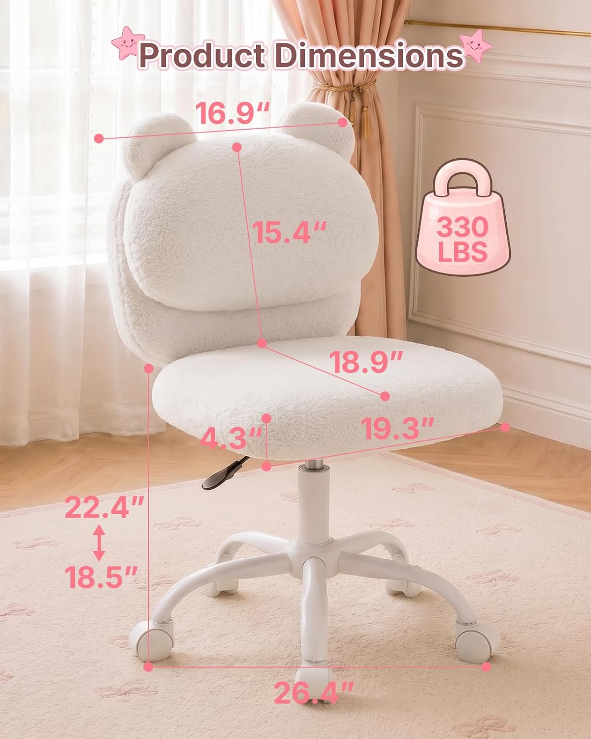 HUANUO Vanity Chair, Cute Desk Chair, Home Office Chair with Wheels, White | Teddy Fleece Fabric, Bear Backrest, Thick Cushion, Armless Chair with Wheels, Adjustable Height, 10-Minute Assembly - Pink