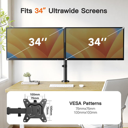 ErGear Dual Monitor Desk Mount for 13″–34″ Monitors up to 26.5 lbs, Fully Adjustable Monitor Stand Holds 2 Computer Screens, Heavy-Duty Dual Monitor Arm with C-Clamp & Grommet Base, Black, EGCM13B