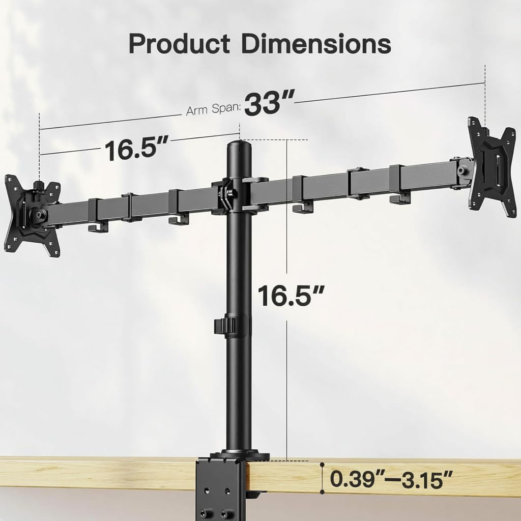 ErGear Dual Monitor Desk Mount for 13″–34″ Monitors up to 26.5 lbs, Fully Adjustable Monitor Stand Holds 2 Computer Screens, Heavy-Duty Dual Monitor Arm with C-Clamp & Grommet Base, Black, EGCM13B