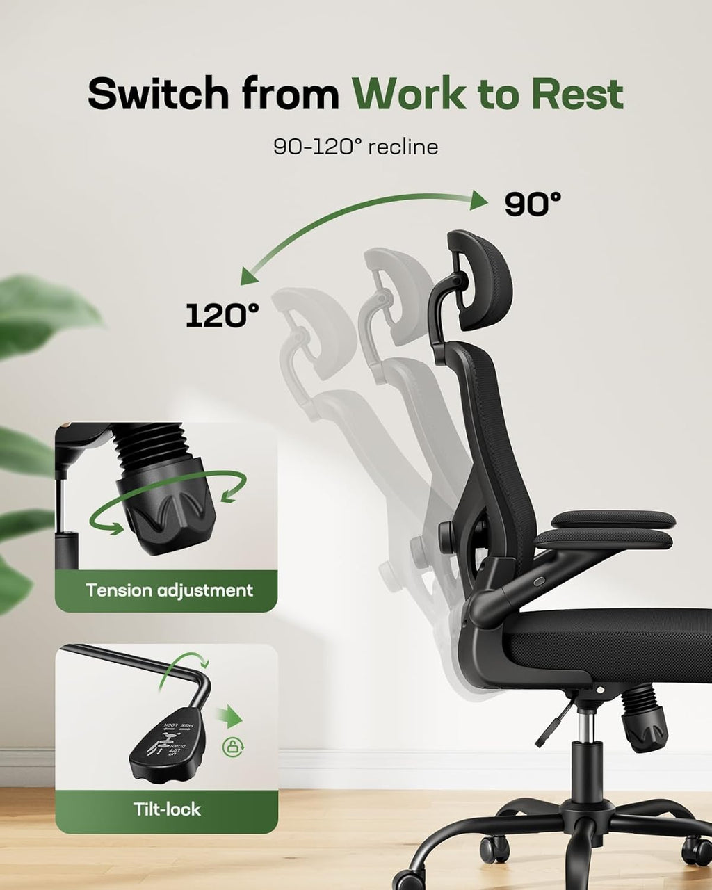 Marsail Ergonomic Mesh Office Chair High Back Desk Chair Adjustable Lumbar Support with Headrest Flip - Up Liftable Arms Swivel Computer Task Chair for Big and Tall People - 