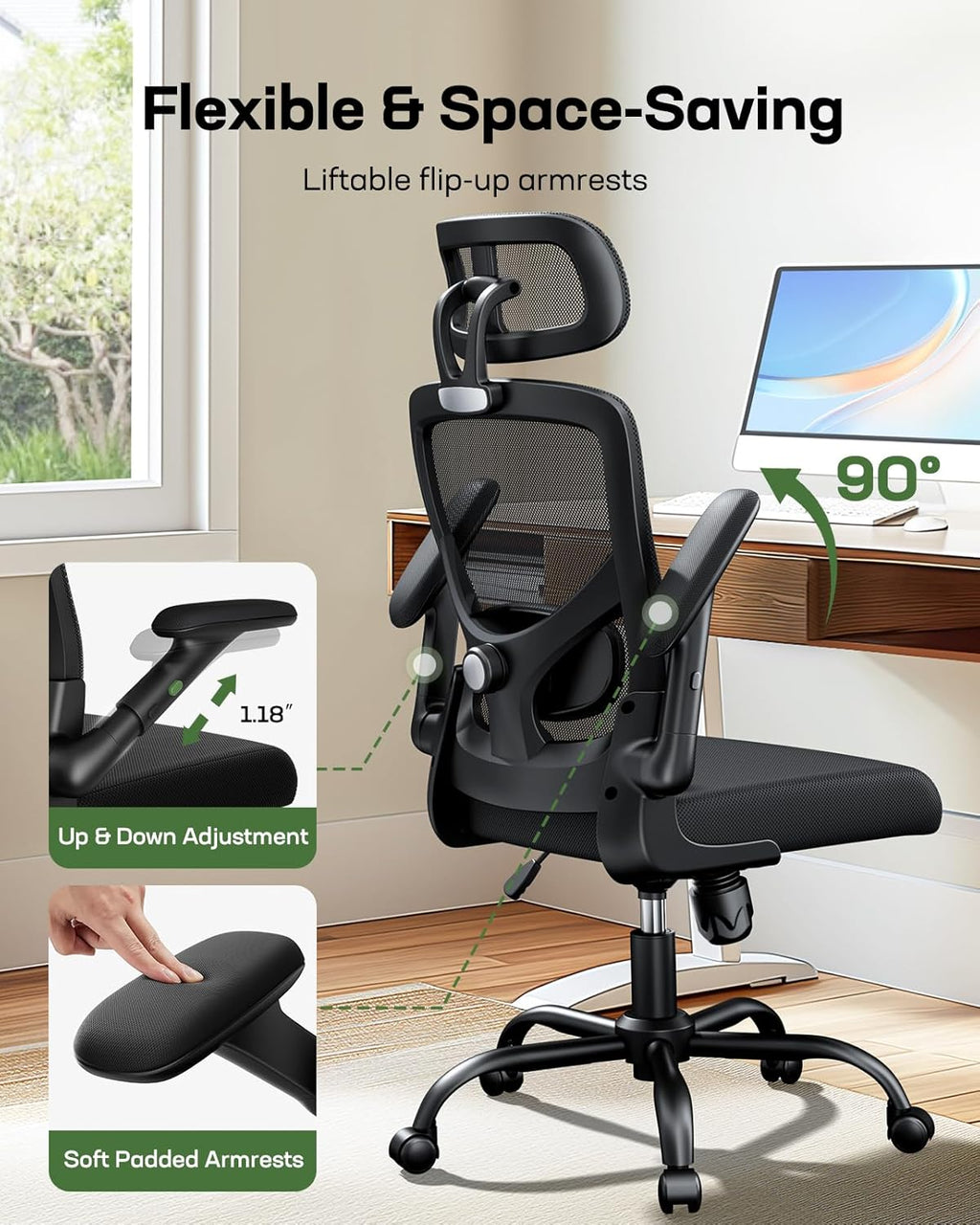 Marsail Ergonomic Mesh Office Chair High Back Desk Chair Adjustable Lumbar Support with Headrest Flip - Up Liftable Arms Swivel Computer Task Chair for Big and Tall People - 