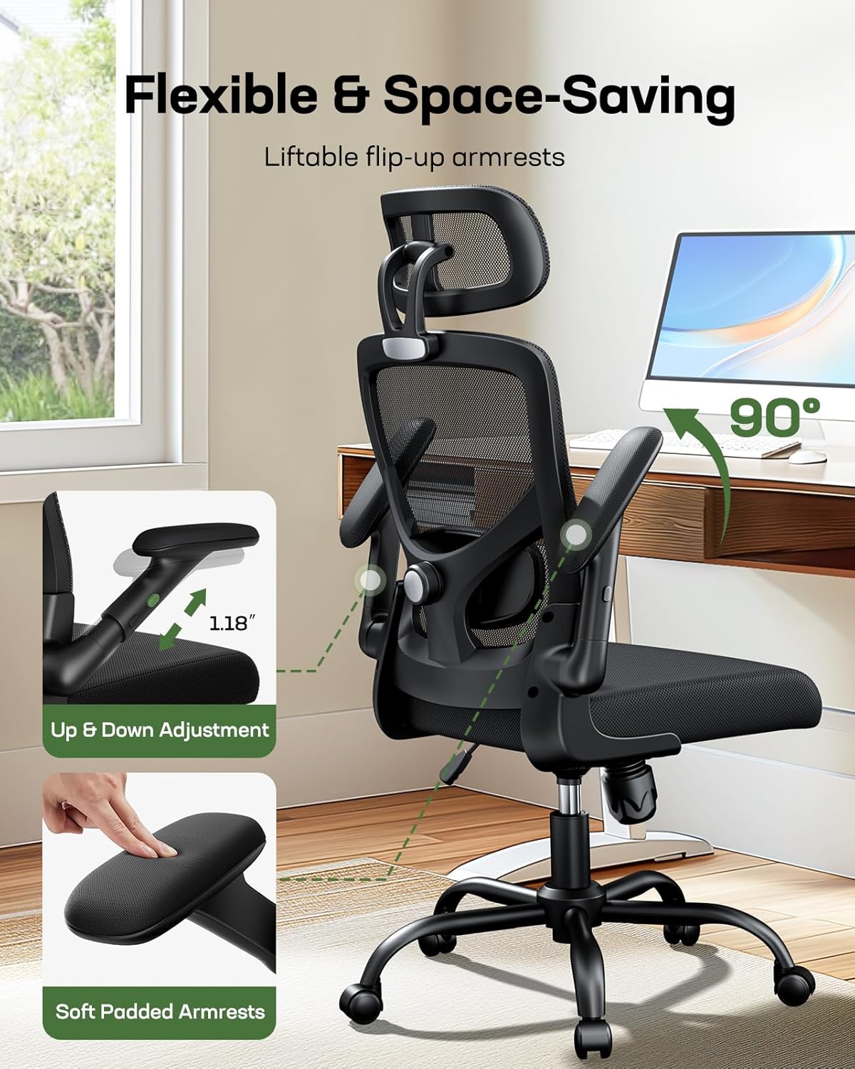 Marsail Ergonomic Mesh Office Chair High Back Desk Chair Adjustable Lumbar Support with Headrest Flip - Up Liftable Arms Swivel Computer Task Chair for Big and Tall People - 