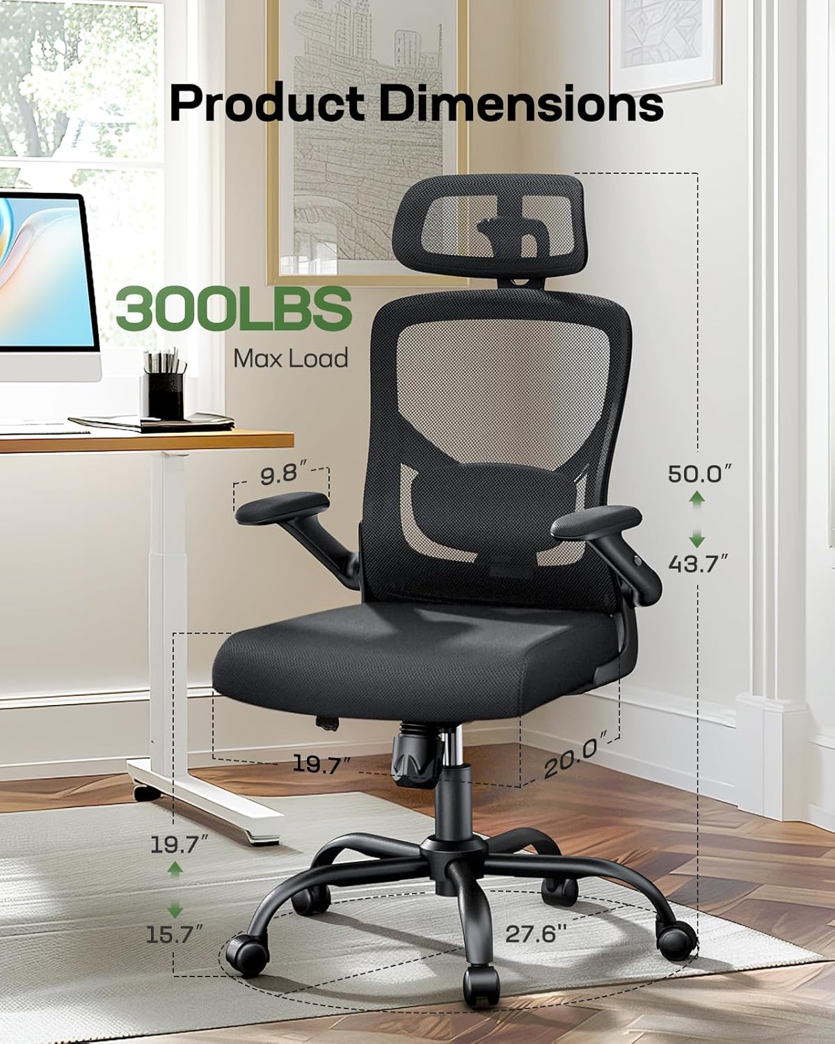 Marsail Ergonomic Mesh Office Chair High Back Desk Chair Adjustable Lumbar Support with Headrest Flip - Up Liftable Arms Swivel Computer Task Chair for Big and Tall People - 